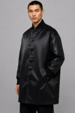 Mens Black Duchess Satin Longline Varsity Jacket with Tonal Chenille Circle Back