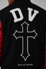 Mens Black Wool Varsity Jacket with DV Horseshoe Cross Chenille Red Leather Sleeves