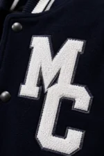Mens Navy Wool Oversized  Varsity Jacket with MC Chenille Patch Midnight Club 10 Back