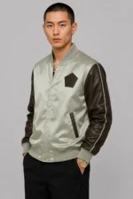 Mens Sage Lightweight Satin Varsity Jacket with Gold Crane Embroidery Brown Leather Sleeves