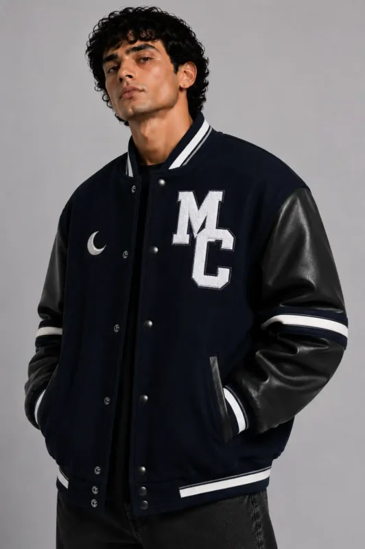 Midnight Club MC Oversized Navy Wool Leather Sleeve Letterman Varsity Jacket