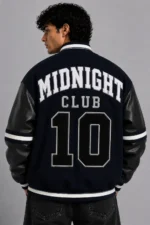Midnight Club MC Oversized Navy Wool Leather Sleeve Letterman Varsity Jacket For Sale