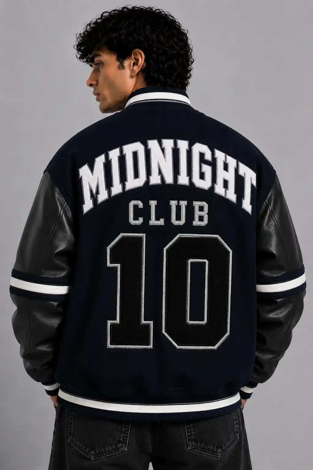 MC Oversized Navy Wool Leather Letterman Varsity Jacket
