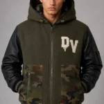 Olive Green Hooded Camo Wool Black Leather Varsity Jacket