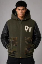 Olive Green Hooded Camo Wool Black Leather Varsity Jacket