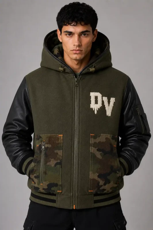 Olive Green Hooded Camo Wool Black Leather Varsity Jacket