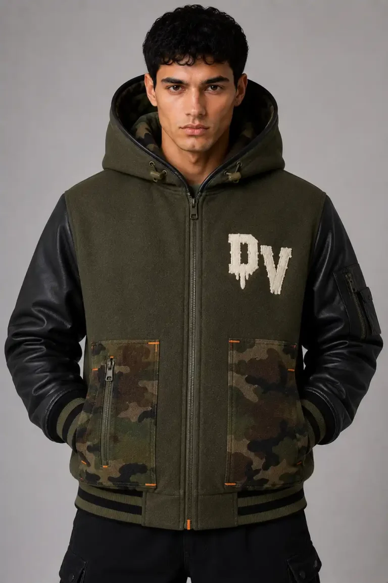 Olive Green Hooded Camo Wool Black Leather Varsity Jacket