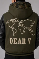 Olive Green Hooded Camo Wool Black Leather Varsity Jacket For Men