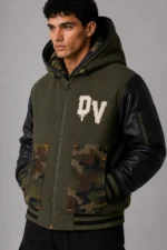 Olive Green Hooded Camo Wool Black Leather Varsity Jacket For Sale