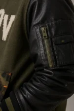 Olive Green Hooded Camo Wool Black Leather Varsity Jacket On Sale