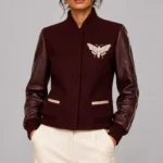 Oxblood Wool & Burgundy Leather Fitted Letterman Varsity Jacket