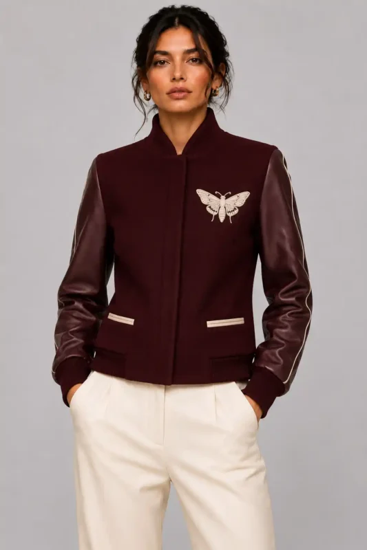 Oxblood Wool & Burgundy Leather Fitted Letterman Varsity Jacket