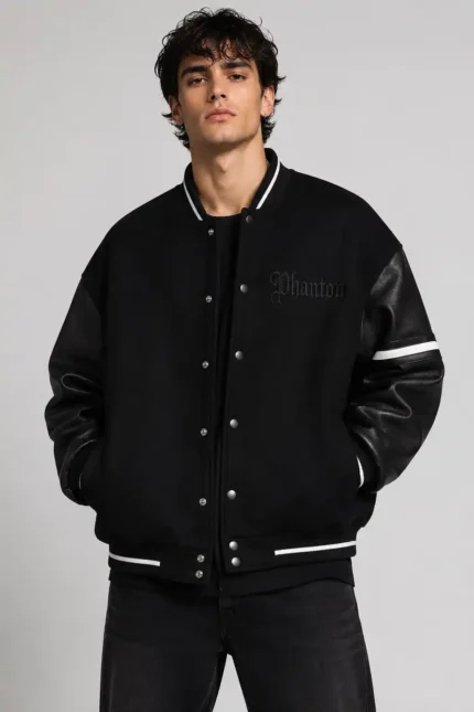 Phantom Black Label Wool Leather Sleeve Letterman Varsity Jacket