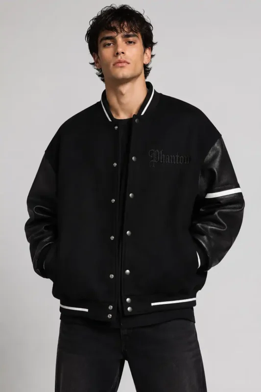 Phantom Black Label Wool Leather Sleeve Letterman Varsity Jacket