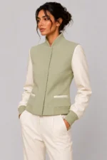 Pistachio Green Wool Ivory Leather Letterman Jacket