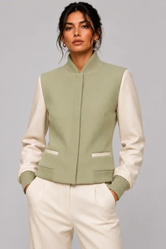 Pistachio Green Wool Ivory Leather Letterman Varsity Jacket