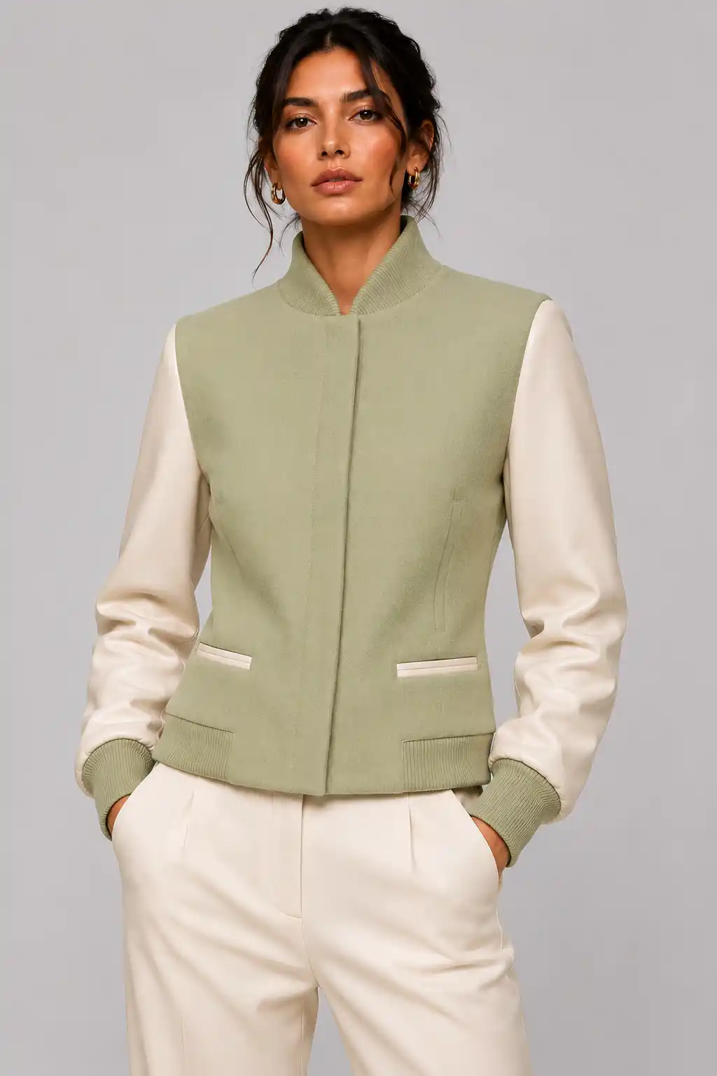 Pistachio Green Wool Ivory Leather Letterman Varsity Jacket Pistachio Green Wool Ivory Leather Letterman Varsity Jacket