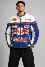Red Bull Motorcycle Leather Jacket White and Blue