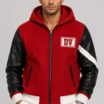 Red and Black Hooded Wool and Leather Varsity Jacket