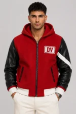 Red and Black Hooded Wool and Leather Varsity Jacket