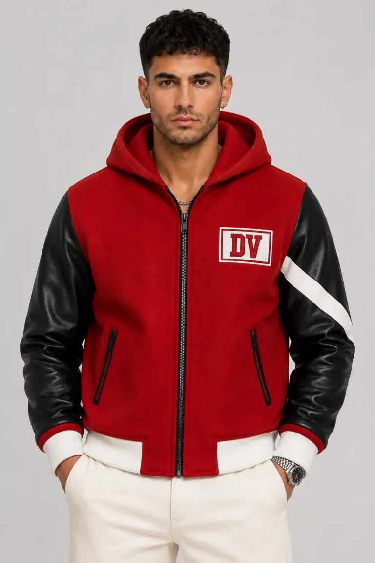 Red and Black Hooded Wool and Leather Varsity Jacket