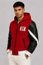 Red and Black Hooded Wool and Leather Varsity Jacket For Men