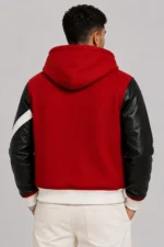 Red and Black Hooded Wool and Leather Varsity Jacket For Sale