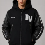 Reflective All Black Hooded Wool and Leather Letterman Varsity Jacket
