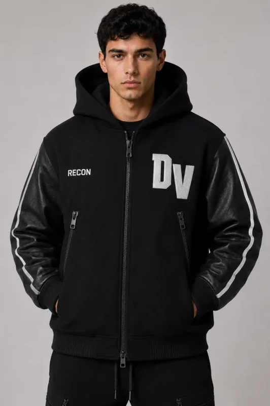 Reflective All Black Hooded Wool and Leather Letterman Varsity Jacket