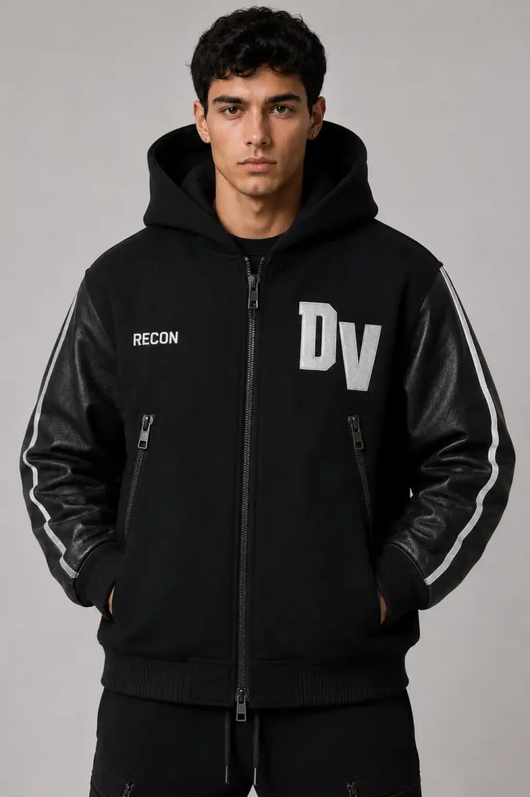 Reflective All Black Hooded Wool and Leather Letterman Varsity Jacket