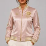Rose Butterfly Embroidered Pink Satin Letterman Varsity Jacket
