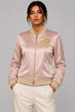 Rose Butterfly Embroidered Pink Satin Letterman Varsity Jacket