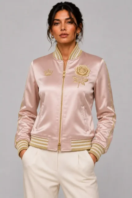 Rose Butterfly Embroidered Pink Satin Letterman Varsity Jacket