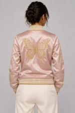 Rose Butterfly Embroidered Pink Satin Letterman Varsity Jacket For Sale