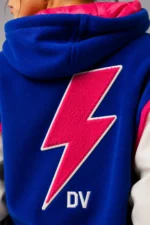 Shop Blue and White Half Zip Hooded Wool and Leather Varsity Jacket