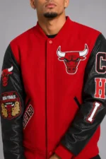 Shop Classic Chicago Bulls Wool Varsity Leather Jacket Red and Black