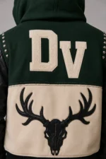 Shop Colourblock Green and Black Hooded Wool Varsity Jacket