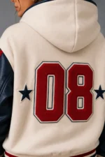 Shop Cream Wool Navy Leather Hooded Letterman Varsity Jacket
