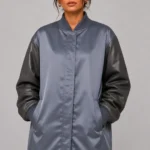 Slate Duchess Satin Longline Oversized leather Letterman Varsity Jacket