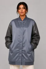 Slate Duchess Satin Longline Oversized leather Letterman Varsity Jacket