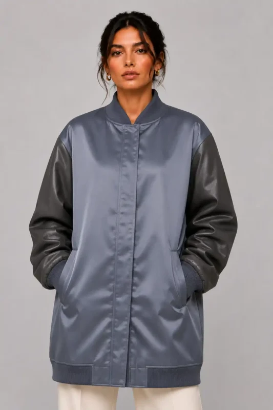 Slate Duchess Satin Longline Oversized leather Letterman Varsity Jacket