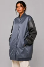 Slate Duchess Satin Longline Oversized leather Letterman Varsity Jacket For Sale