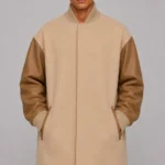 Tan Wool Leather Longline Oversized Letterman Varsity Jacket