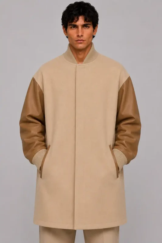 Tan Wool Leather Longline Oversized Letterman Varsity Jacket