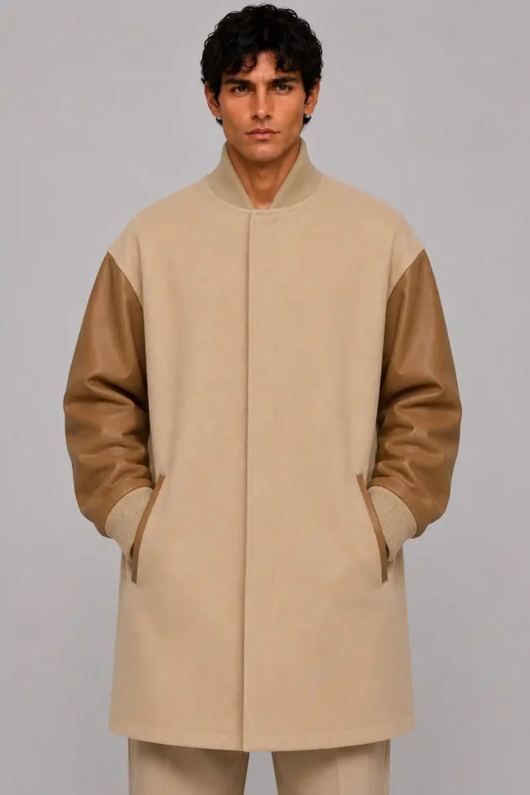 Tan Wool Leather Longline Oversized Letterman Varsity Jacket
