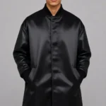 Tonal Chenille Circle Black Duchess Satin Longline Letterman Varsity Jacket