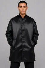 Tonal Chenille Circle Black Duchess Satin Longline Letterman Varsity Jacket