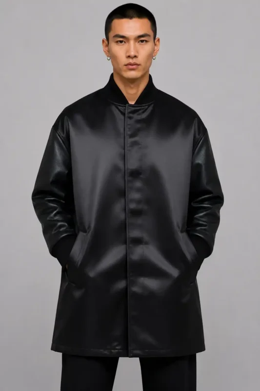 Tonal Chenille Circle Black Duchess Satin Longline Letterman Varsity Jacket