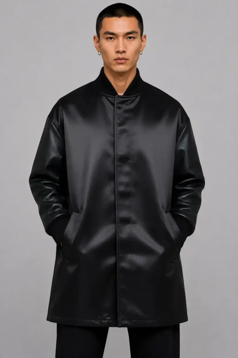 Tonal Chenille Circle Black Duchess Satin Longline Letterman Varsity Jacket