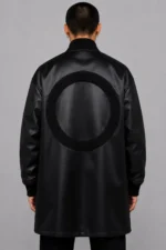 Tonal Chenille Circle Black Duchess Satin Longline Letterman Varsity Jacket For Sale